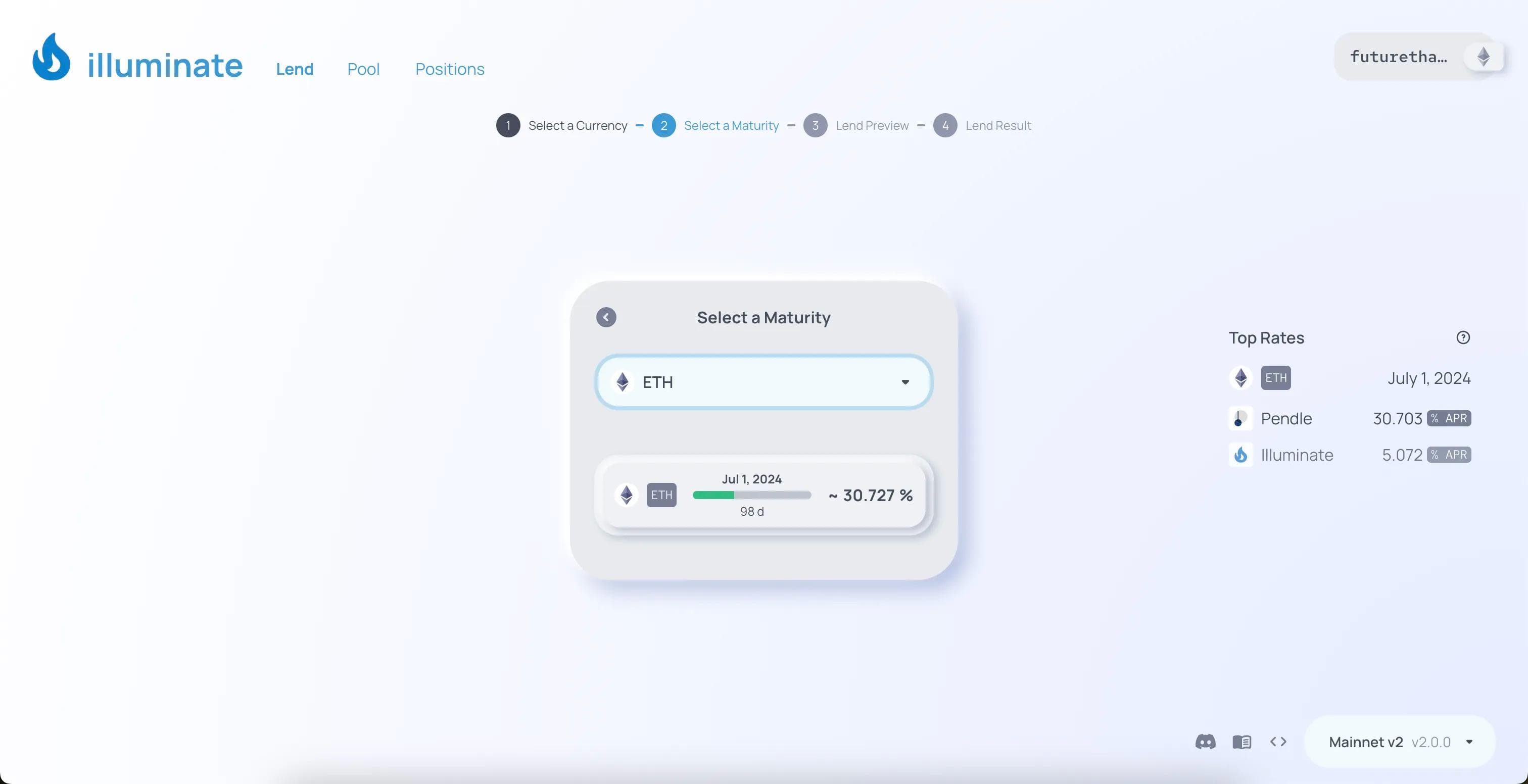 After an asset is selected, the user can preview the available markets with rate previews and time left to maturity.