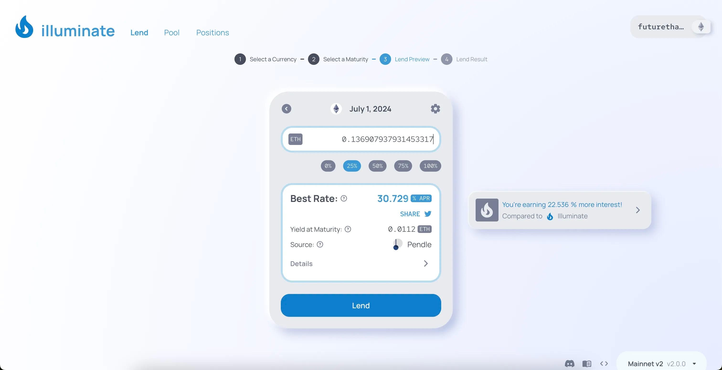 The transaction preview provides detailed data about the lending rate, source protocol, and projected yield.